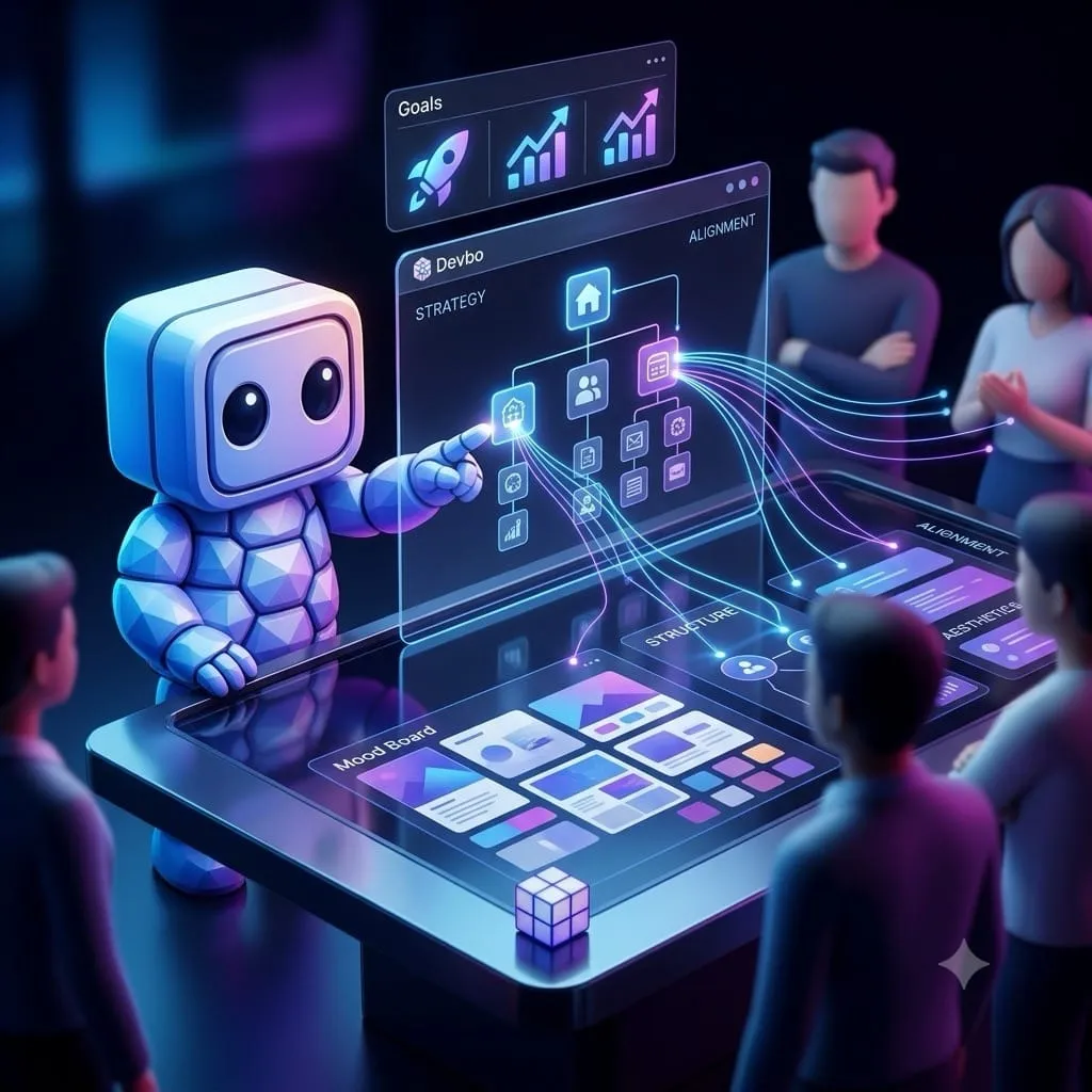 Devbot designing and building a website with an audience